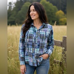 LL Bean Patchwork Shirt | Plaid Button Front Long Sleeves Classic Collar | Sz S